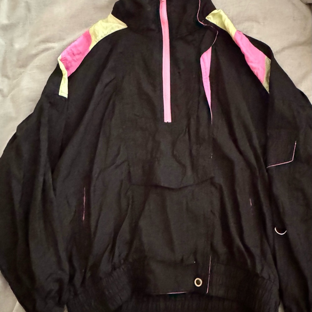 Vintage Black Pullover Windbreaker Jacket with Pink & Neon Yellow Accents